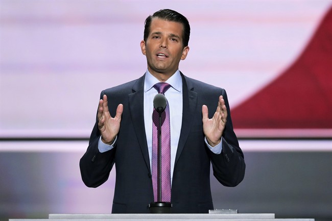 In this July 19, 2016, file photo, Donald Trump Jr., son of Republican presidential candidate Donald Trump, speaks at the Republican National Convention in Cleveland. The younger Trump posted a message on Twitter likening Syrian refugees to a bowl of poisoned Skittles, causing a stir and negative tweets on the internet into Tuesday, Sept. 20. (AP Photo/J. Scott Applewhite, File).