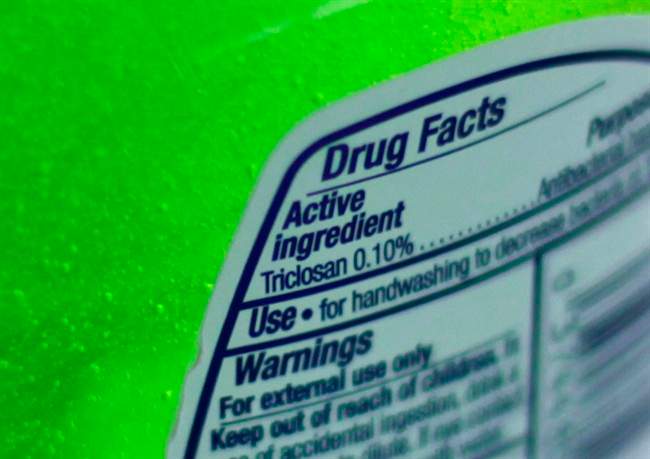 This Tuesday, April 30, 2013 file photo shows the label of a bottle of antibacterial soap in a kitchen in Chicago. 