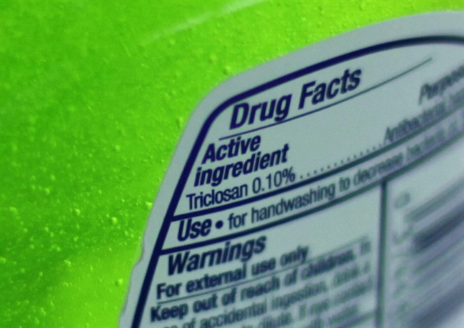 This Tuesday, April 30, 2013 file photo shows the label of a bottle of antibacterial soap in a kitchen in Chicago. 