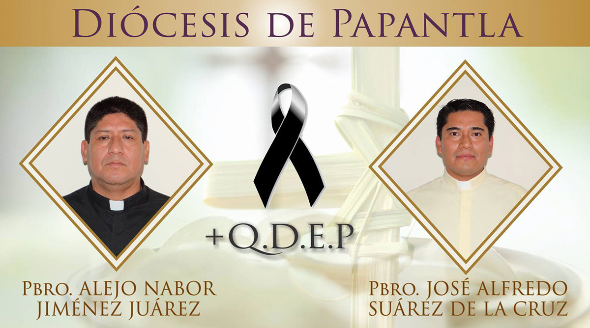 In this composite image released by the Diocese of Papantla, Mexico on Monday, Sept. 19, 2016, photos of priests Alejo Nabor Jimenez Juarez, left, and Jose Alfredo Juarez de la Cruz are shown with a black mourning ribbon and a Rest in Peace acronym placed between them. 