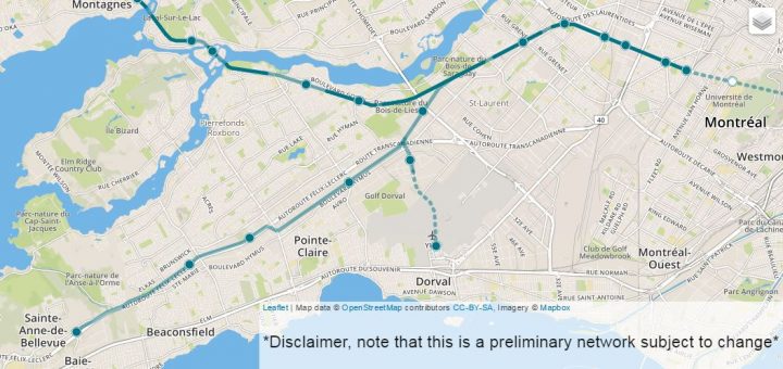 This proposed route, taken from the Caisse de Dépôt's website, shows the light rail line heading through green space in the West Island, Monday September 26, 2016.