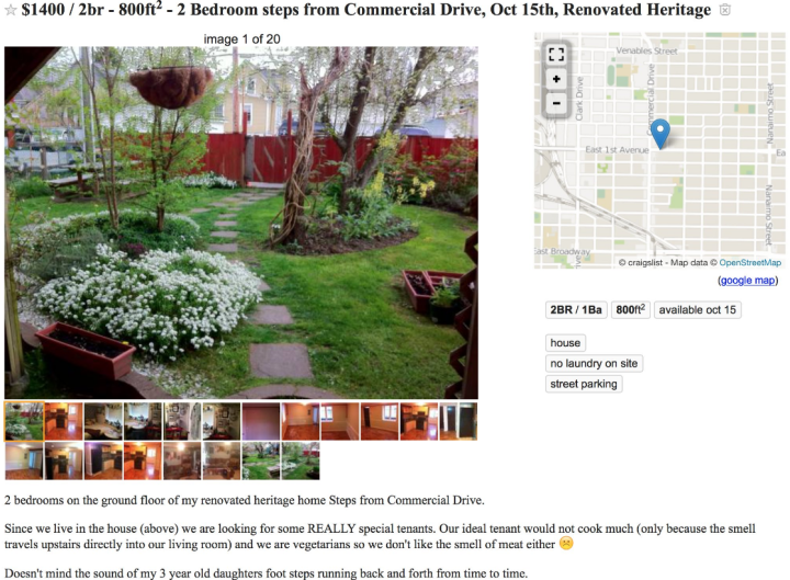 Vancouver Craigslist ad asks for tenants who don’t cook and are ‘barely