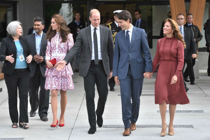 Prince William, Catherine Duchess of Cambridge, Sophie Gregoire Trudeau and Justin Trudeau leave the Immigrant Services Society of British Columbia in Vancouver.
