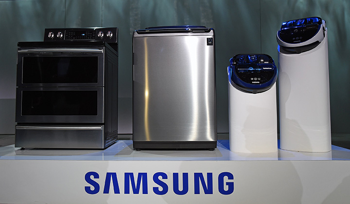 Samsung washing machines are displayed at a press event in this January 5, 2015 file photo. 