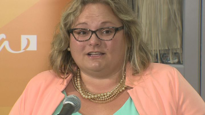 Health Minister Sarah Hoffman speaks at a press conference in St. Alberta, Alta. on Sept. 12, 2016.