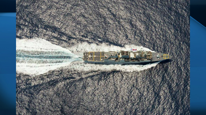 Aerial view of HMCS Regina while on deployment in 2014.