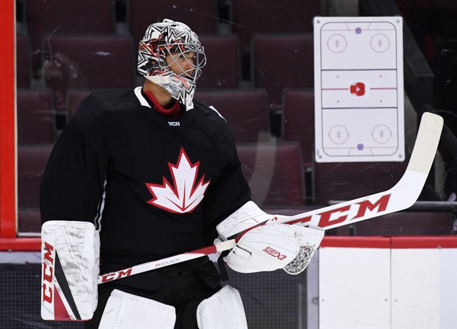 Team Canada's Carey Price takes part in practice in Ottawa on Monday, Sept. 5, 2016, in preparation for the World Cup of Hockey. 