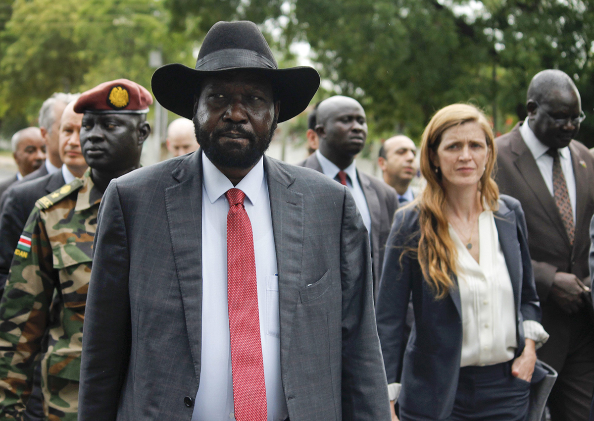 South Sudan's President Salva Kiir, left, takes members of the UN Security Council, including U.S. Ambassador to the United Nations Samantha Power, right, on a tour outside the presidential compound in the capital Juba, South Sudan, Sunday, Sept. 4, 2016. 
