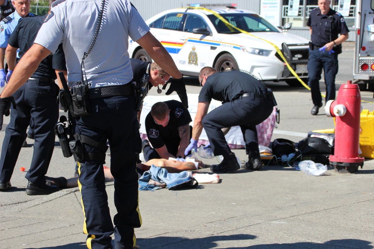 A victim of a stabbing in central Surrey was taken to hospital in critical condition Wednesday afternoon. RCMP quickly arrested a suspect.