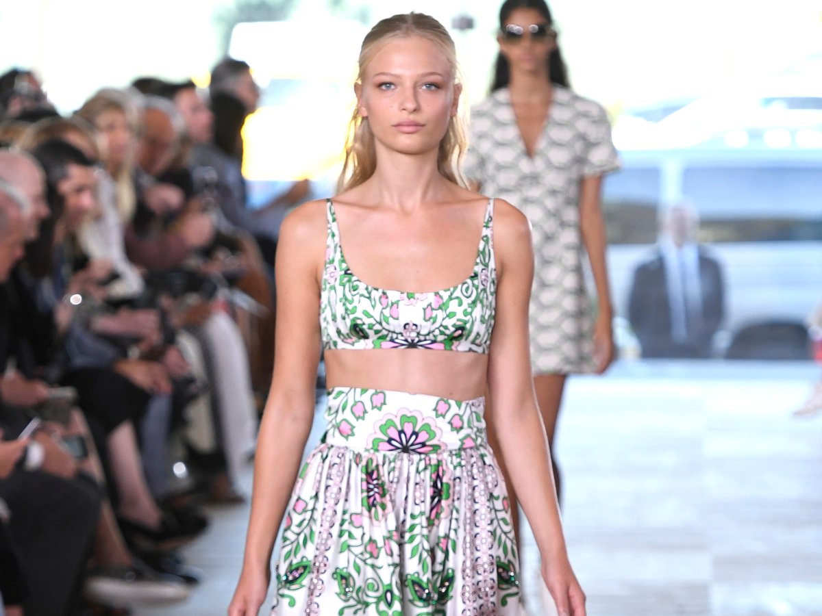 Fashions seen on the  spring 2017 New  York runways, like this Tory Burch bra top and matching skirt, are featured in the revamped 'Freedom '90' video.