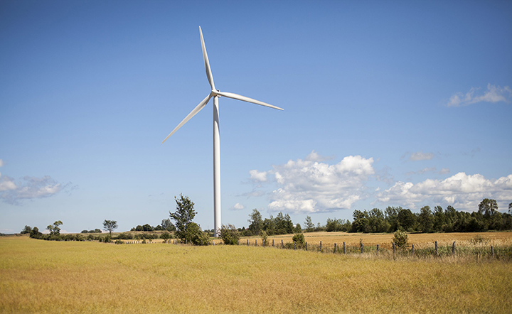 A wind turbine is seen as part of a wind farm near a farmer's field in the Grey Highlands of Ontario on August 6, 2016. 