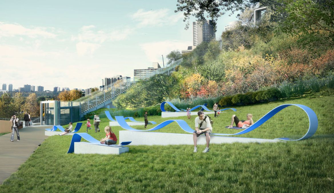 “Turbulent” by Jill Anholt, selected as the art piece for the Mechanized River Valley Access project, will consist of thin, brightly-coloured metal ribbons that will float above concrete benches along the grass lawn north of the promenade.