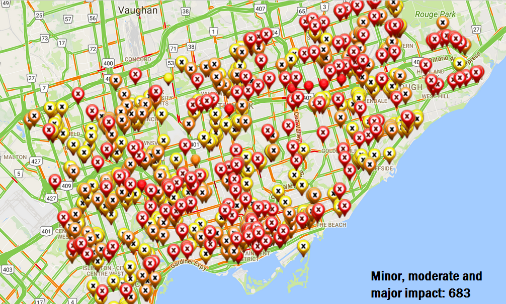 On Tuesday, September 20th, there were 683 construction-related traffic disruptions in the City of Torontoare expected to continue because of road construction. A complete shutdown of the Gardiner during the weekend of Oct. 21 will be the biggest according to mayor Tory.