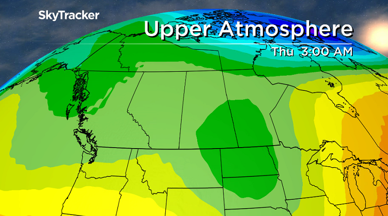 An upper trough seen in the green will swing through next week bringing with it a chance of snow.