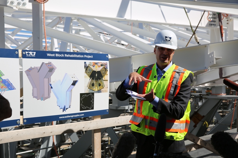 Mark Koppelaar of Walters Inc. provides details of the steel work being done on the West Block. The final beam for the ceiling over the new House of Commons will be put in place next week.