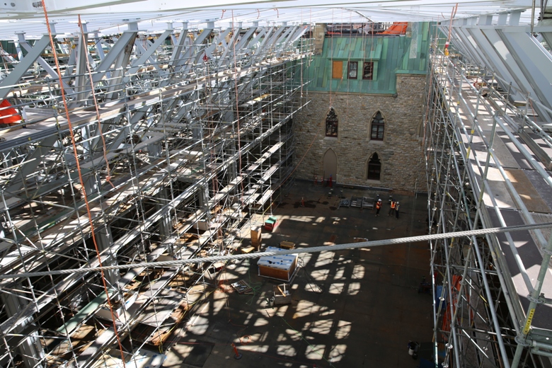 A view looking down into what will become Canada’s temporary House of Commons. The room will include all the desks now sitting in Centre Block, and will be covered by a glass ceiling.