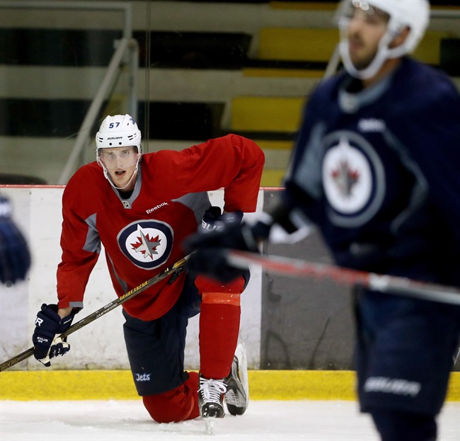 Winnipeg Jets' Tyler Myers catches his breath during training camp on Sept. 23, 2016.