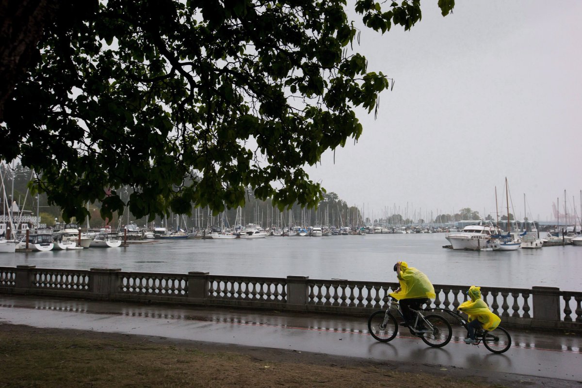 A man reaches to pull up the hood on a poncho as he and a child ride a tandem bike along the Stanley Park seawall during a rain storm in Vancouver, B.C., in this file photo.