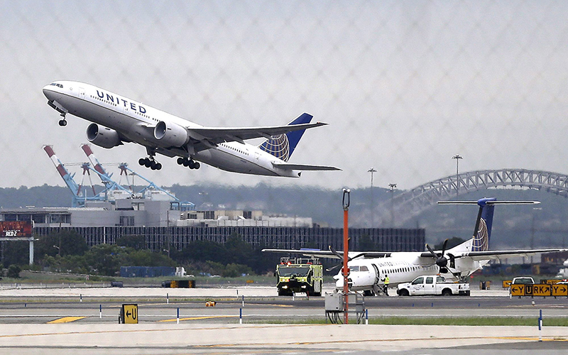 A United Airlines plane takes off from Newark Liberty International Airport, in Newark, N.J. 