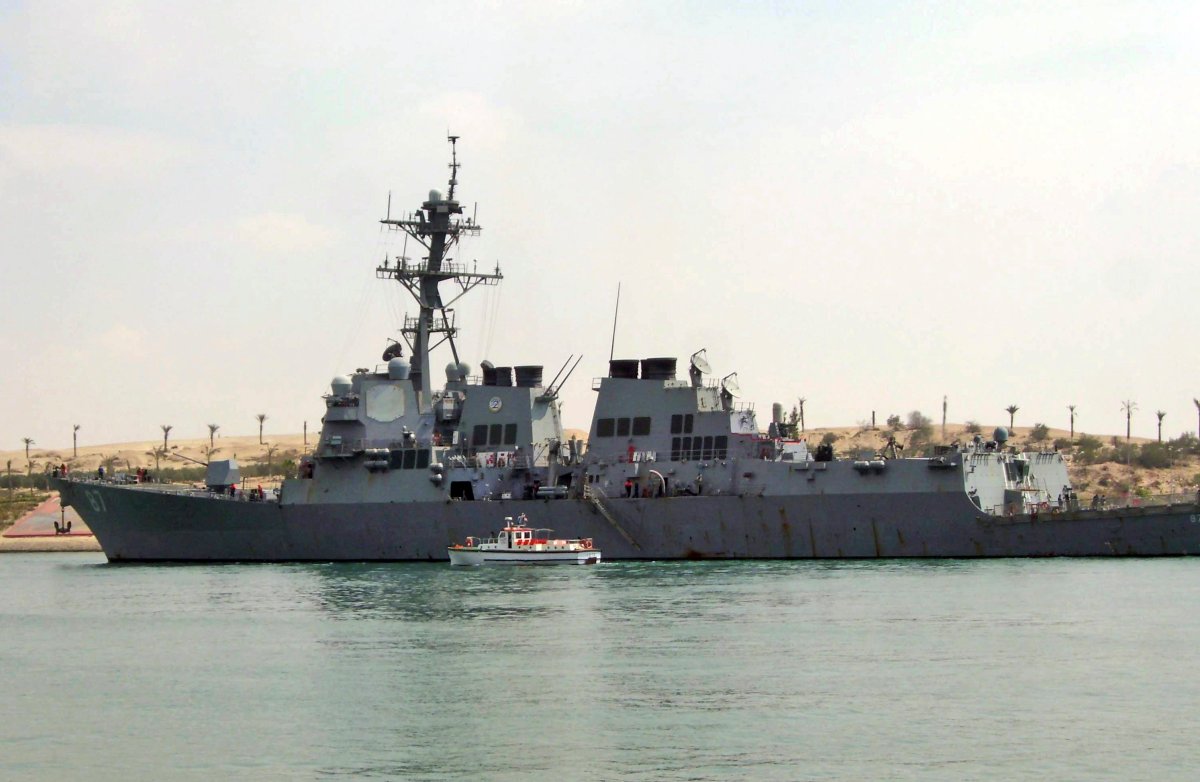 FILE- In this Saturday, March 12, 2011 file photo, U.S. destroyer USS Mason sails in the Suez canal in Ismailia, Egypt. Two missiles fired from rebel-held territory in Yemen landed near an American destroyer passing by in the Red Sea, the U.S. Navy said on Monday, Oct. 10, 2016. 