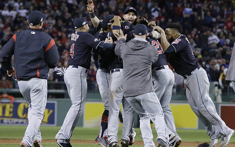 The Cleveland Indians celebrate their 4-3 win over the Boston Red Sox in Game 3 of baseball's American League Division Series, Monday, Oct. 10, 2016, in Boston. 
