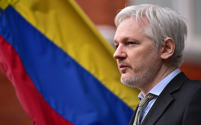 WikiLeaks founder Julian Assange speaking from the balcony of the Ecuadorian Embassy in London.
