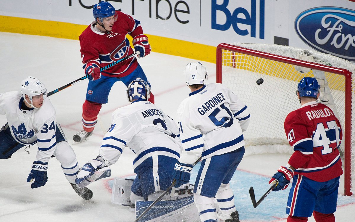 Toronto Maple Leafs goaltender Frederik Andersen is scored on by Montreal Canadiens' Alex Galchenyuk (not shown) as Canadiens' Brendan Gallagher, Alexander Radulov and Leafs' Auston Mattews and Jake Gardiner look on during second period NHL hockey action in Montreal, Saturday, October 29, 2016. 