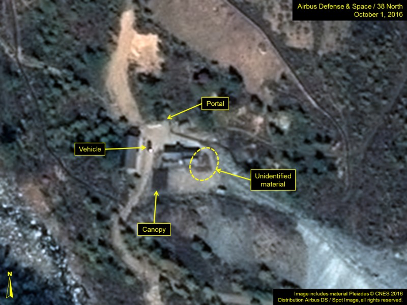 A satellite image of the area around North Korea's Punggye-Ri nuclear test site shows graphics pointing to what monitoring group 38 North says are signs of increased activity, in a photo released by the 38 North group October 7, 2016. 
