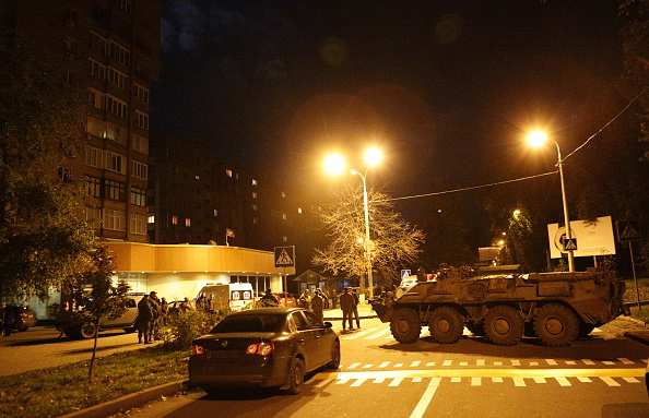 A military vehicle near an apartment building in Chelyuskintsev Street. Donetsk People's Republic (DPR) militiaman Arsen Pavlov nicknamed "Motorola" was killed in an explosion when a bomb detonated inside an elevator of his apartment block. (Photo by Mikhail SokolovTASS via Getty Images).