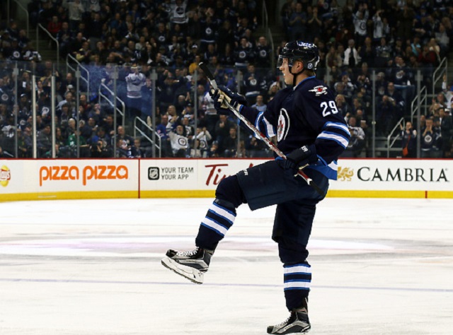 Patrik Laine of the Winnipeg Jets celebrates his second period goal against the Dallas Stars on Oct. 27, 2016.