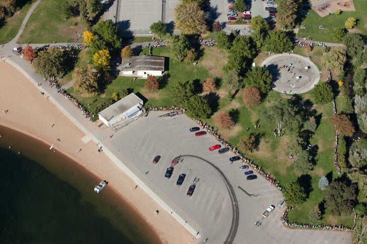 A September 2015 photo of when an estimated 1,000 Penticton residents formed a human chain around Skaha Lake park.