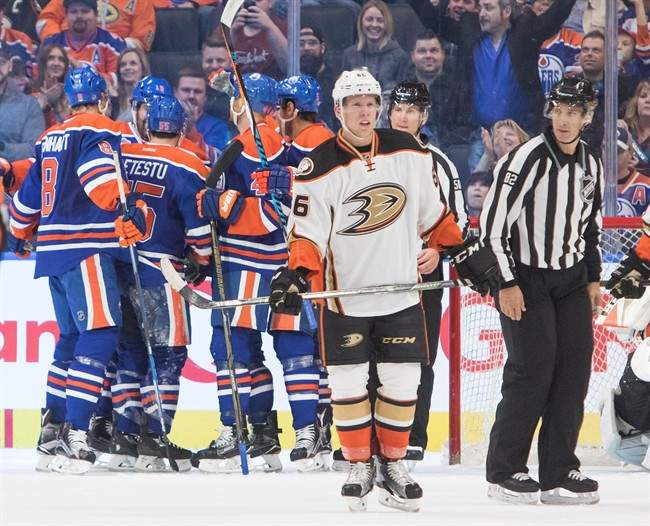 Anaheim Ducks' Ondrej Kase (86) skates off after an Edmonton Oilers goal during second period NHL pre-season hockey action in Edmonton, Alta., on Tuesday October 4, 2016. 