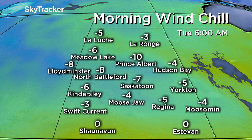 Tuesday morning wind chill values across Saskatchewan.