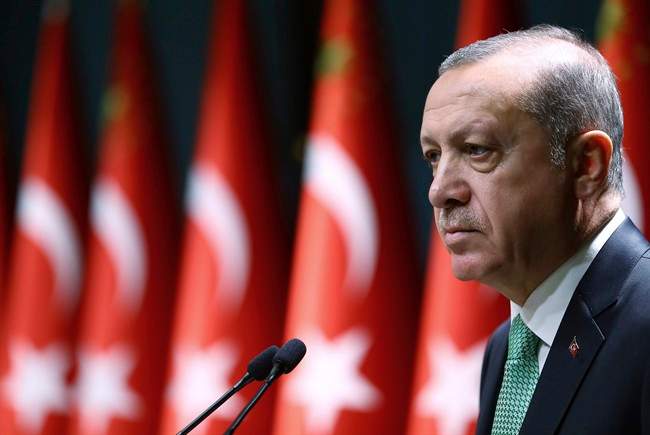 Turkey's President Recep Tayyip Erdogan addresses a meeting in Ankara, Turkey, Thursday, Oct. 20.(Kayhan Ozer, Presidential Press Service, Pool photo via AP).