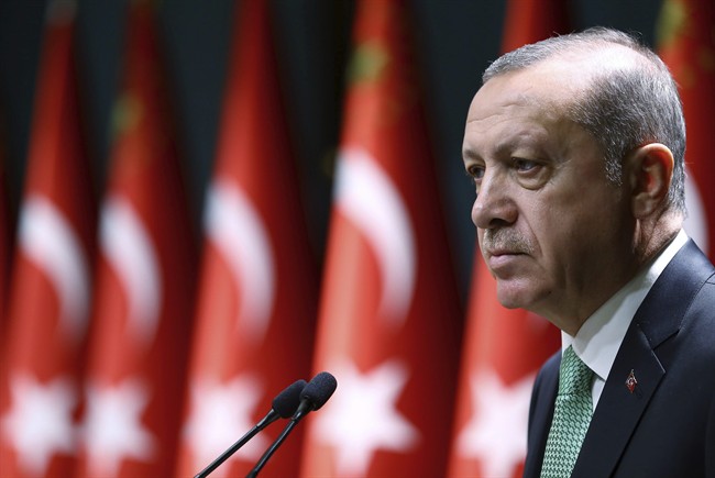 Turkey's President Recep Tayyip Erdogan addresses a meeting in Ankara, Turkey, Thursday, Oct. 20.(Kayhan Ozer, Presidential Press Service, Pool photo via AP).