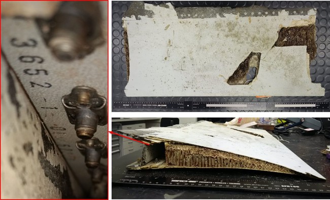 This combination of three photos taken Friday, Oct. 7, 2016 and released by Australian Transport Safety Bureau shows a piece of aircraft debris stored at the ATSB laboratory in Canberra, Australia. Malaysian and Australian officials say this piece of an aircraft wing found on the Indian Ocean island of Mauritius has been identified as belonging to missing Malaysia Airlines Flight 370. The piece of wing flap was found in May and subsequently analyzed by experts at the Australian Transport Safety Bureau, which is heading up the search for the plane in a remote stretch of ocean off Australia's west coast. The red arrow and markings are provided by the source. ( Australian Transport Safety Bureau via AP).