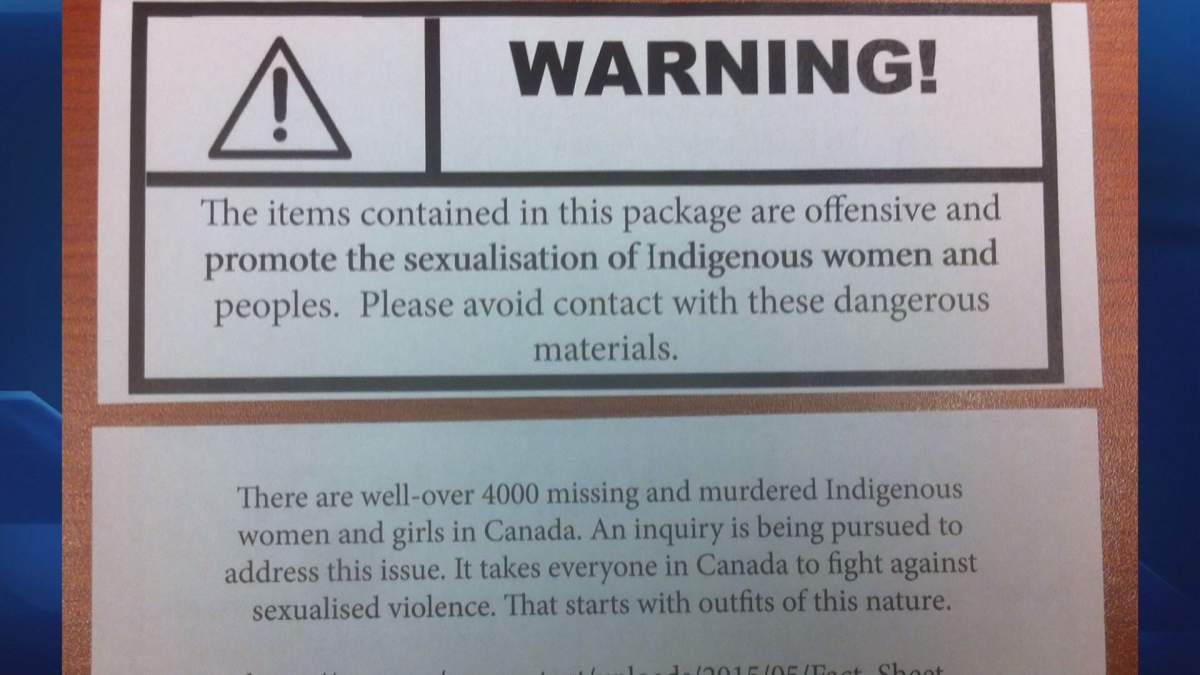 They tacked labels onto costumes that included “Reservation Royalty” and “Wolf Dancer.” The labels warned consumers that the merchandise was offensive. They also included information about missing and murdered Indigenous women.