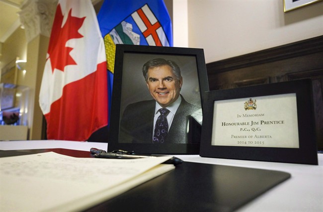 A book of condolences for former Alberta premier Jim Prentice is on display at the MacDougal Centre in Calgary in an October 17, 2016, file photo.