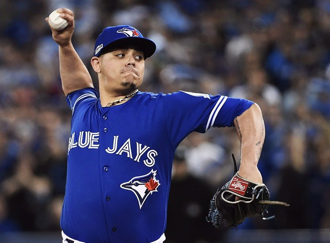 Toronto Blue Jays' Roberto Osuna pitches against the Baltimore Orioles during ninth inning American League wild-card game action in Toronto, Tuesday, Oct.4, 2016.