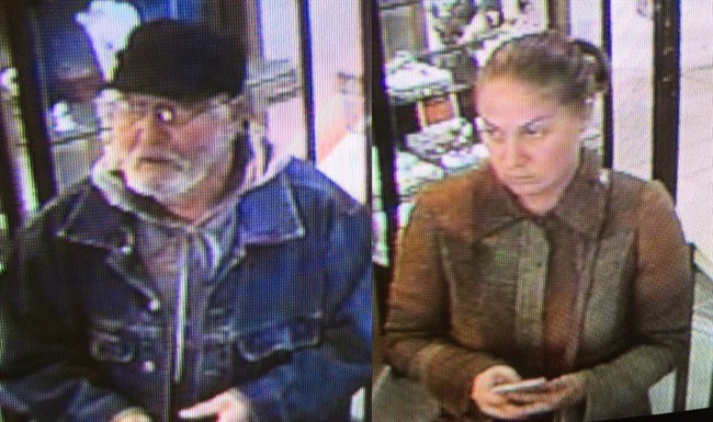 This handout photo from the Charlottetown Police Services shows the pair involved in an Oct. 12 robbery in Charlottetown. The pair appeared in a New Brunswick courtroom Friday to be sentenced in connection to the theft of a $10,000 diamond from a Saint John, N.B. jewelry store.