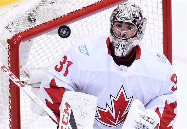 Team Canada goalie Carey Price (31) makes a save against Team Europe during second period World Cup of Hockey finals action in Toronto on Thursday, September 29, 2016. 