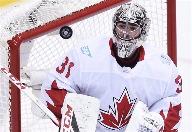 Team Canada goalie Carey Price (31) makes a save against Team Europe during second period World Cup of Hockey finals action in Toronto on Thursday, September 29, 2016. 