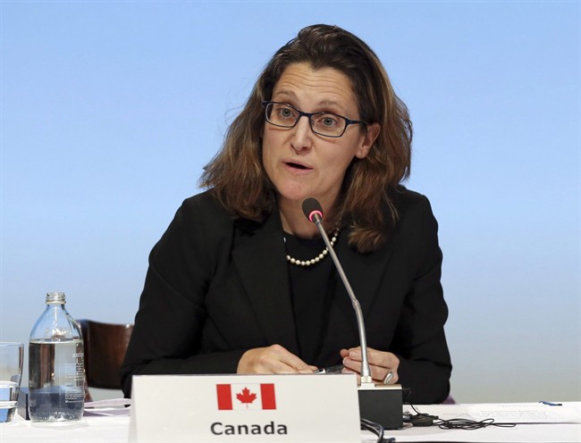 Canada's Minister of International Trade Chrystia Freeland speaks at a press conference at the signing of the Trans-Pacific Partnership Agreement.