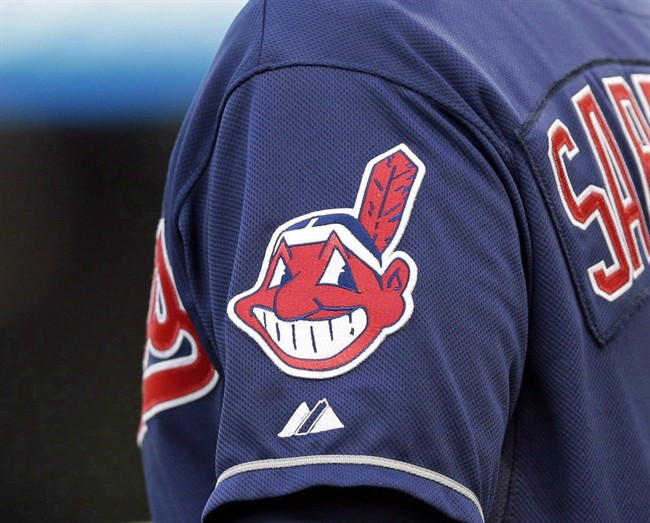 In this April 8, 2014 photo, the Cleveland Indians Chief Wahoo logo is shown on the uniform sleeve. 