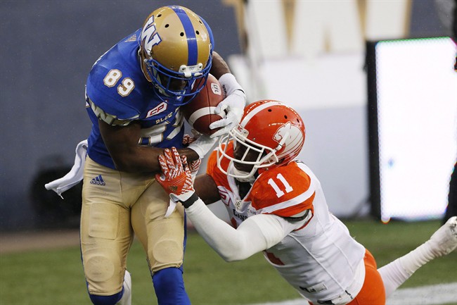 B.C. Lions' Mike Edem can't stop Winnipeg Blue Bombers' Clarence Denmark from hauling in the winning touchdown pass during the Bombers' 37-35 win during Week 16.