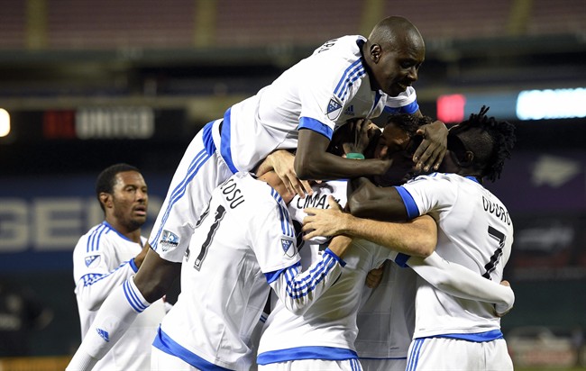The Montreal Impact celebrate a goal.