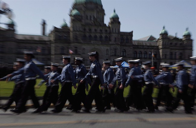 Navy League Cadet march following a commemoration to those lost as sea in the Second World War campaign known as the Battle of the Atlantic, as they make their way to the Cenotaph at the B.C. Legislature in Victoria on May 3, 2015.  THE CANADIAN PRESS/Chad Hipolito.