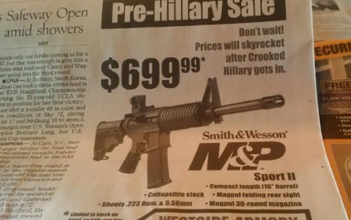 An ad taken out in the Las Vegas Review-Journal promoting a 'Pre-Hillary Sale' on a semi-automatic weapon.