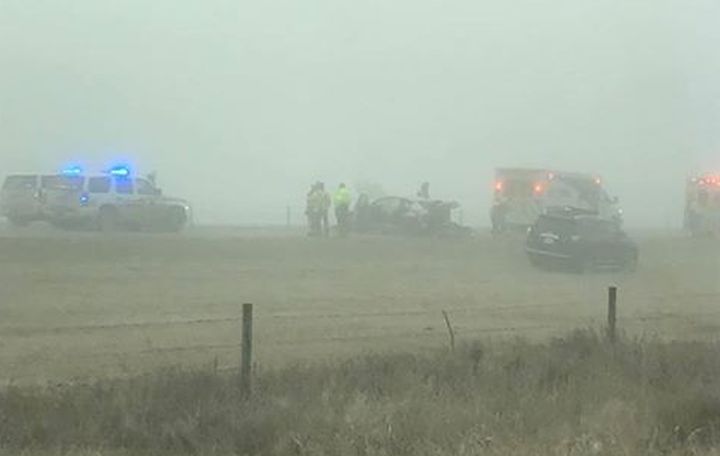 Foggy conditions can be seen during a four-vehicle crash on Alberta’s QEII highway Saturday morning that resulted in three women being taken to hospital.