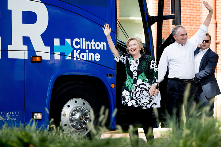 Democratic presidential candidate Hillary Clinton and Democratic vice presidential candidate Sen. Tim Kaine, arrive at a rally at the Fort Hayes Metropolitan Education Center in Columbus, Ohio, Sunday, July 31, 2016. 